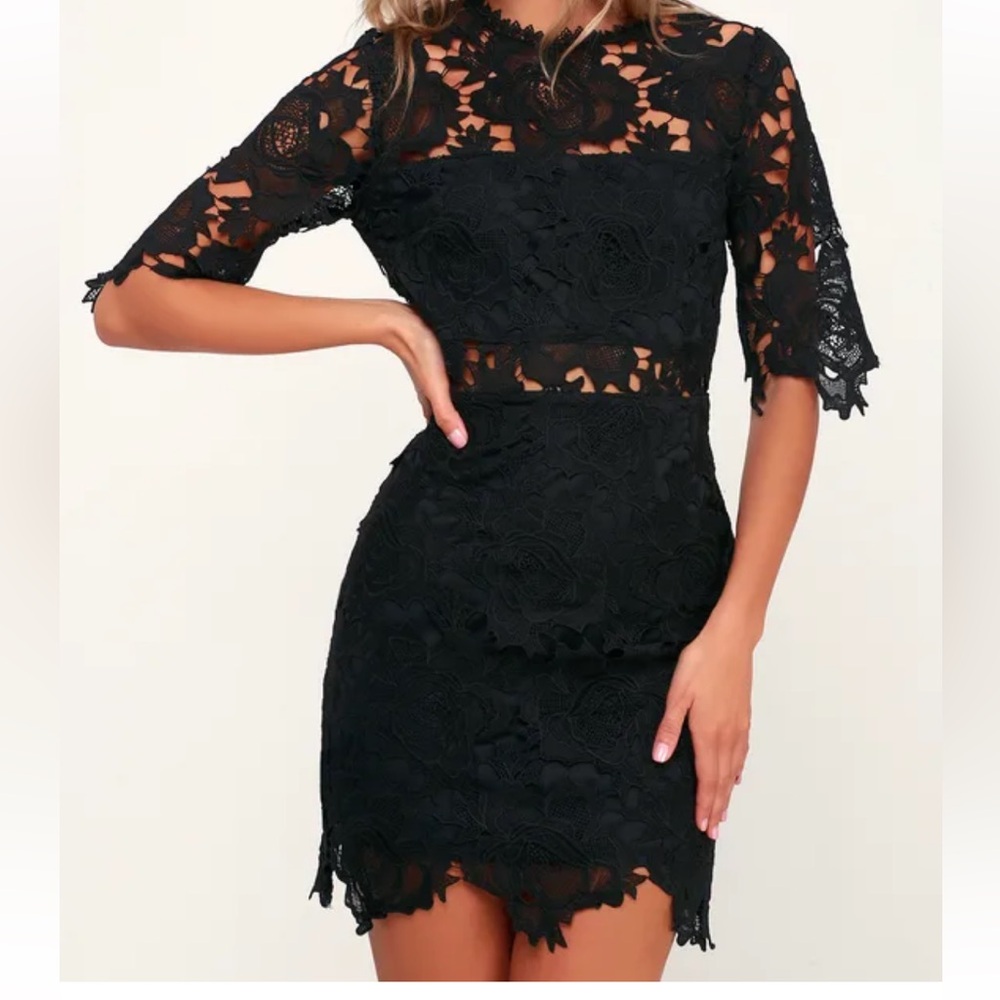 Lulus A Fine Romance Black Lace Sheath Dress - Size XS
